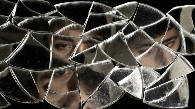 incivility. Broken mirror fragments reflecting multiple faces, symbolic of fractured trust and impossible reassembly. wellbeing guides.