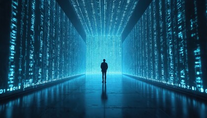 Man stands in data center. Digital binary code streams surround person. Futuristic tech hallway with glowing neon lights. Server room with numbers. Programmer silhouette in cyberspace reflects in