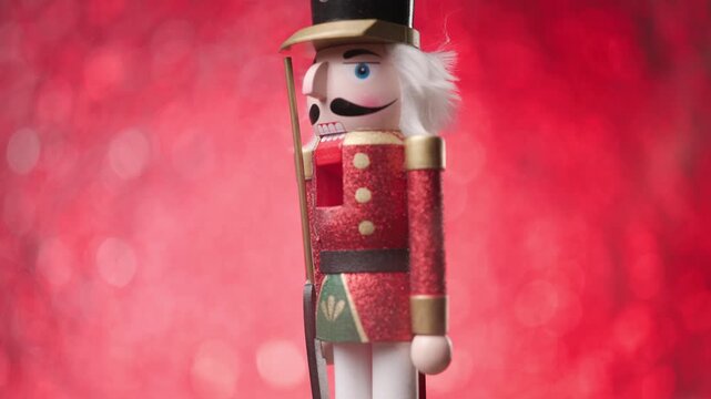 Dynamic spinning of a Toy Nutcracker in front of a bright bokeh studio, finishing with a detailed head view