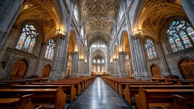 Nave interior of a gothic cathedral with stained glass - Powered by Adobe