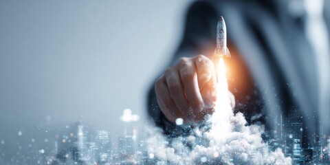 Business Growth Concept with Rocket Launch and Hand Gesture for Innovation and Success in Digital Transformation