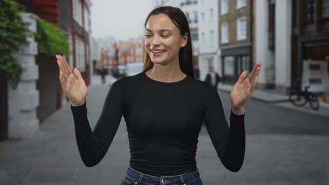 Woman standing with hands raised apart, palms visible, wearing black longsleeve and jeans on a street with blurred buildings; confidence.