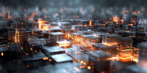 Abstract digital landscape with glowing city blocks and intricate circuit patterns in futuristic technology environment