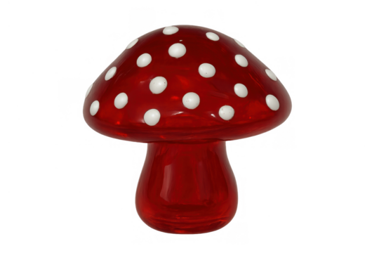 Red glass mushroom figurine with white polka dots, a whimsical decorative object on a transparent background