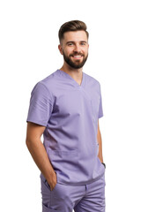 Fototapeta premium A smiling male healthcare professional wearing light purple scrubs stands confidently with hands in pockets against a dark background