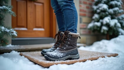 Person stands on snowy doorstep wearing warm winter boots. Snow covers footwear and welcome mat. Pine tree branches add holiday feel near wooden door.