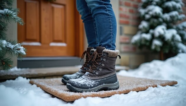 Person stands on snowy doorstep wearing warm winter boots. Snow covers footwear and welcome mat. Pine tree branches add holiday feel near wooden door.