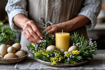 Woman's hands creating festive easter spring wreath decoration