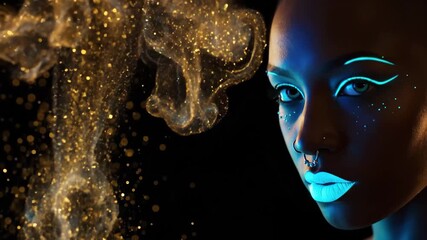 Woman with neon blue glowing makeup surrounded by golden particles. Artistic beauty animation featuring sparkling fog effects and ethereal facial close-ups. video footage video footage - Powered by Adobe