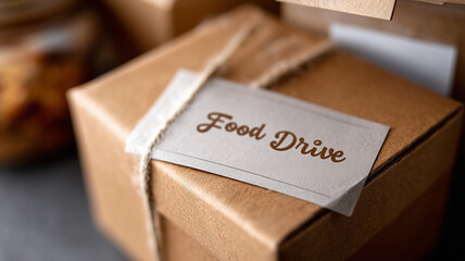 Cardboard box with Food Drive label, collecting donations for charity, volunteer and community support concept