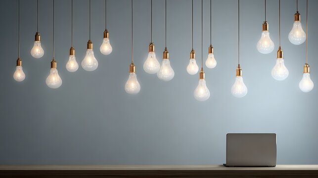 Multiple illuminated vintage style incandescent bulbs hang above a surface with a closed portable computer.