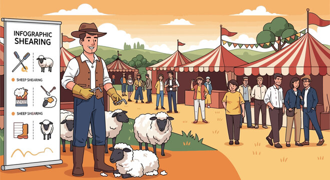 Cartoon sheep shearing demonstration at an agricultural fair, with a shearing infographic