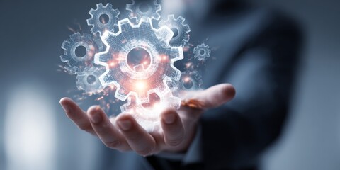 Futuristic Technology Concept with Gears and Data Visualization in Hands of Business Person Against Abstract Background