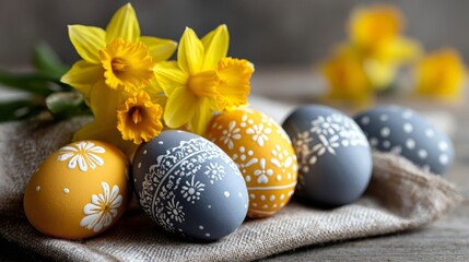 Decorated easter eggs arranging with yellow daffodils on burlap