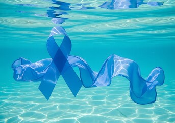 A soft blue chiffon anxiety ribbon floats just below the surface of tranquil, turquoise water. Sunlight glints on the waves, creating a serene and calming conceptual image.