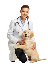 Smiling veterinarian in white coat with stethoscope cuddles adorable golden retriever puppy against a black backdrop