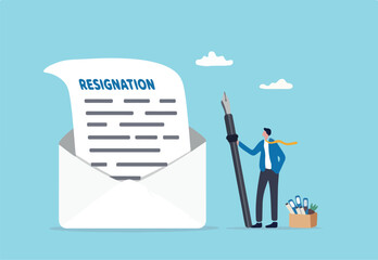Professional write resignation letter to quit job or inform to leave company, change new job or notify boss, manager of dismissal concept, businessman professional with pen writing resignation email. 