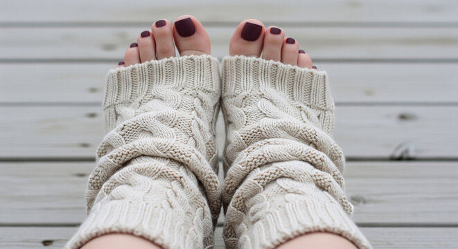 Woman feet with dark burgundy matte pedicure wearing cozy beige knitted leg warmers, relaxing on grey wooden floorboards, autumn and winter comfort lifestyle concept