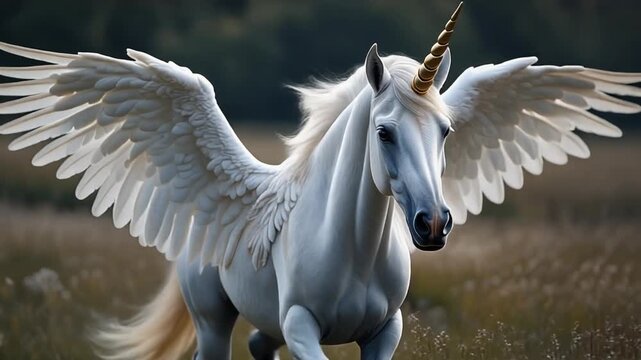 a dashing white horse with wings and horns on its head