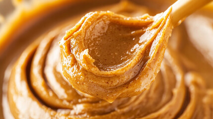 Smooth smear of rich creamy nut butter spread across a clean surface highlighting its velvety texture warm color and appetizing shine evoking comfort natural flavor and wholesome indulgence
