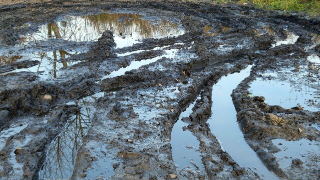 Deep muddy ruts filled with water and tree reflections, formed by heavy vehicles after rain at a construction or rural site