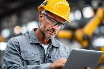 Engineer operating tablet while working in industrial factory