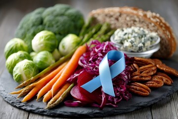 Blue ribbon with healthy food for diabetes awareness