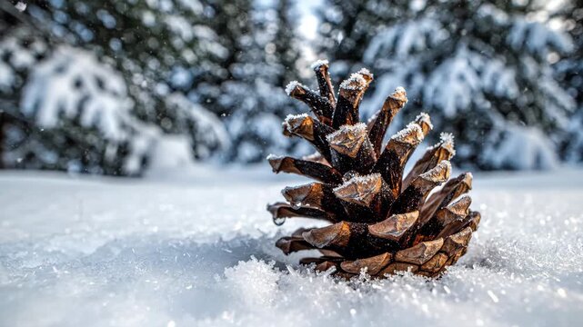 Solitary pine cone resting on fresh snow in evergreen forest. Winter nature scene with blurred trees and white ground cover. Seasonal outdoor landscape for holiday imagery. video footage video footage