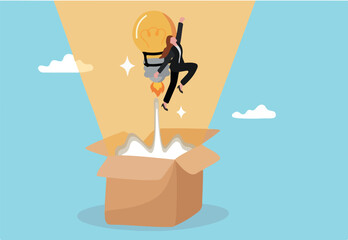 Idea, creativity or think outside the box, solution or think difference, wisdom or imagination to success concept, smart businesswoman with lightbulb idea as rocket booster flying from open box.