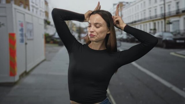 Young woman smiling and winking while holding fingers to head for bunny ears on a busy city street; playful mischief.