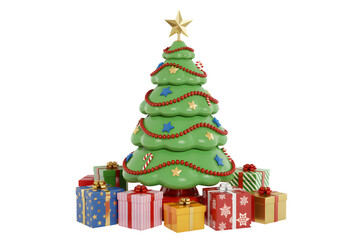Cartoon christmas tree with star and presents on a black holiday background on transparent background