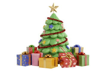 Cartoon christmas tree with gifts and decorations on a black studio background on transparent background