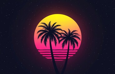 Retro synthwave graphic art with palm trees against gradient sunset on starry night. Synthwave design evokes neon summer mood. Good for music cover art, poster or digital background.