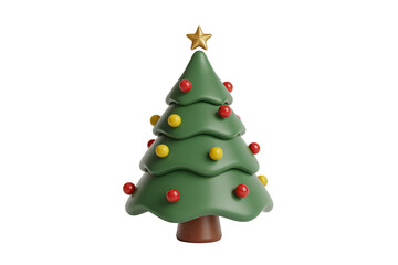 Cartoon christmas tree with star and ornaments on a black studio background on transparent background