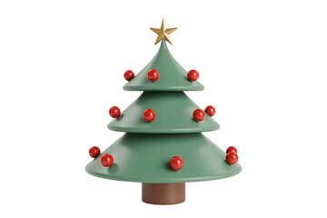 Stylized christmas tree with red ornaments and gold star against a on transparent background