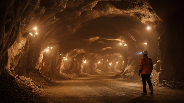 Male worker exploring illuminated underground tunnel - Powered by Adobe