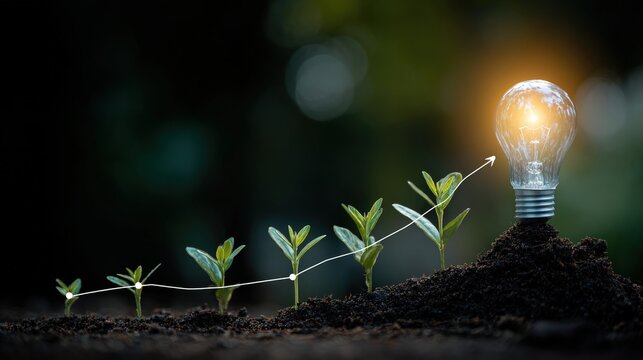 Sequence of growing seedlings culminates in a glowing illumination source placed atop soil.
