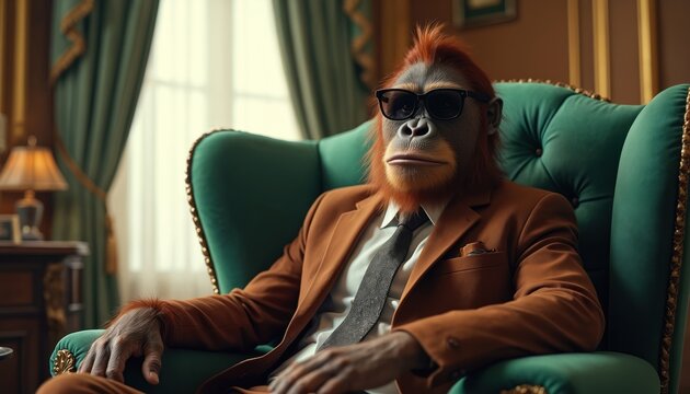 Orangutan in brown suit and sunglasses sits on green luxury sofa in an elegant office. The primate wears a white shirt and tie. The room has green curtains and a wooden table with a lamp.