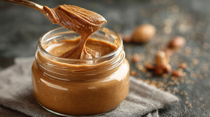 Smooth smear of rich creamy nut butter spread across a clean surface highlighting its velvety texture warm color and appetizing shine evoking comfort natural flavor and wholesome indulgence
