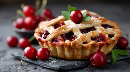 Homemade cherry pie with lattice crust on slate