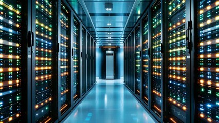 Interior view of a high-tech data center server room featuring rows of server racks illuminated with colorful LED lights, symbolizing cloud computing and digital technology infrastructure. - Powered by Adobe