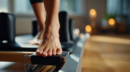 Pilates reformer footbar work, ankle articulation in frame, studio calm, controlled movement aesthetic, with copy space
