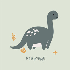 Cute dinosaur with “roarsome” message in soft pastel style. Perfect for kidswear prints, playful textile designs and fun prehistoric-themed artwork.