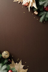 Two corner Christmas border on dark brown background for elegant design