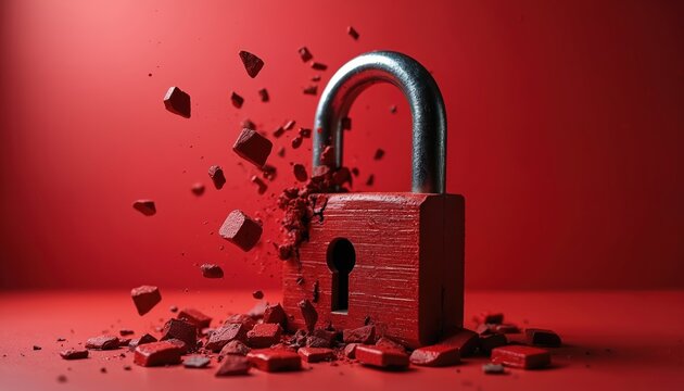 Red padlock shatters into pieces creating concept of security breach danger vulnerability. Broken lock risk freedom, system failure. Digital threat access challenge, data protection issues.