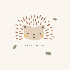 Cute hedgehog with “my cute friend” message in soft pastel tones. Ideal for kidswear prints, textile designs and sweet nature-themed artwork.