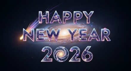 Happy new year 2026 message in glowing text on a cosmic background
