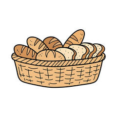 Basket filled with assorted types of bread in warm colors  