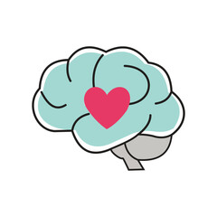 Cute brain with heart icon symbolizing mental health, emotional wellbeing, mindfulness and psychology in a simple flat vector style