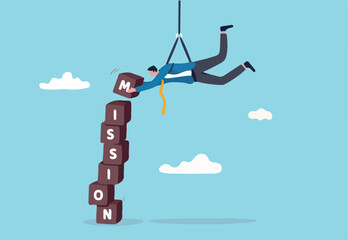 Business mission, leadership skill to achieve target and overcome work obstacle or motivation to do impossible thing concept, skillful businessman hanging from above manage to complete mission blocks.